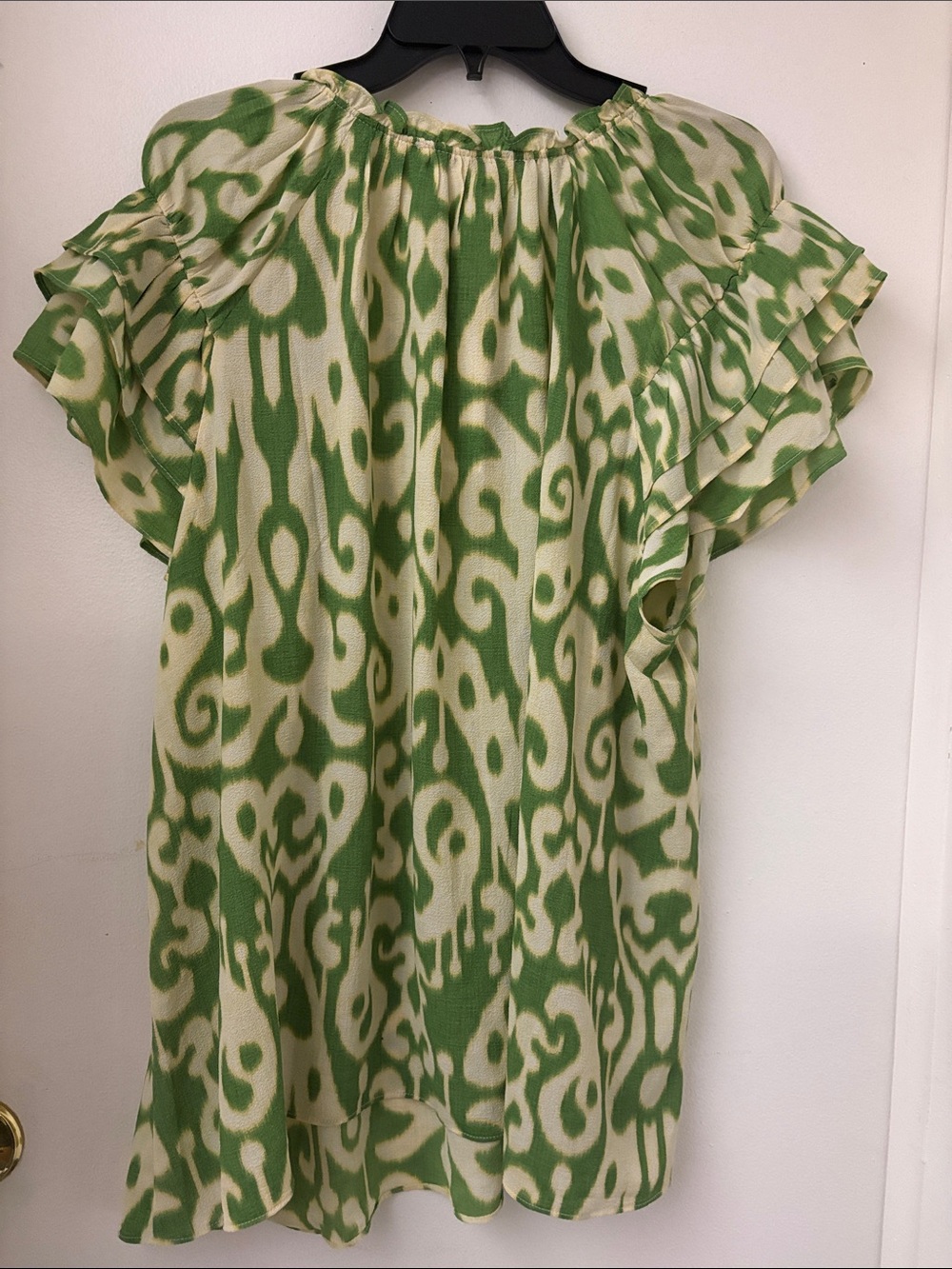 Rose & Olive Green and Cream Ikat-Style Tie-Neck Peasant Blouse - Picture 2 of 4